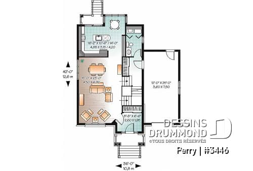 Rez-de-chaussée - Plan de maison style manoir, pour terrain étroit, 3 chambres, garage et coin déjeuner - Perry