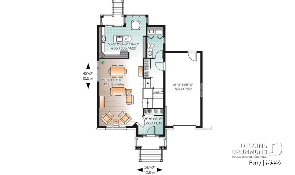 Rez-de-chaussée - Plan de maison style manoir, pour terrain étroit, 3 chambres, garage et coin déjeuner - Perry