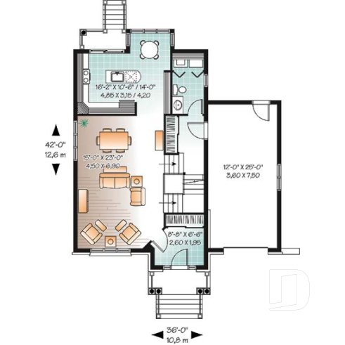 Rez-de-chaussée - Plan de maison style manoir, pour terrain étroit, 3 chambres, garage et coin déjeuner - Perry