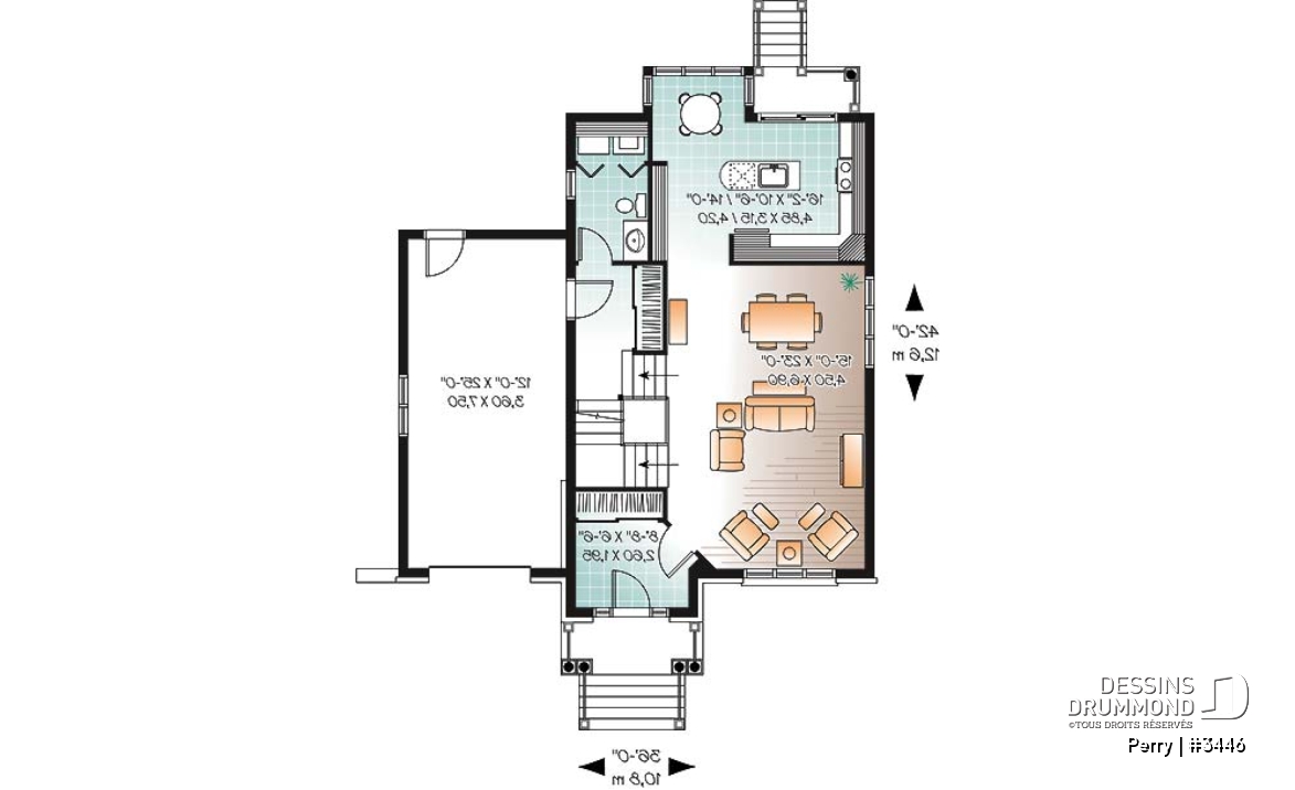 Rez-de-chaussée - Plan de maison style manoir, pour terrain étroit, 3 chambres, garage et coin déjeuner - Perry