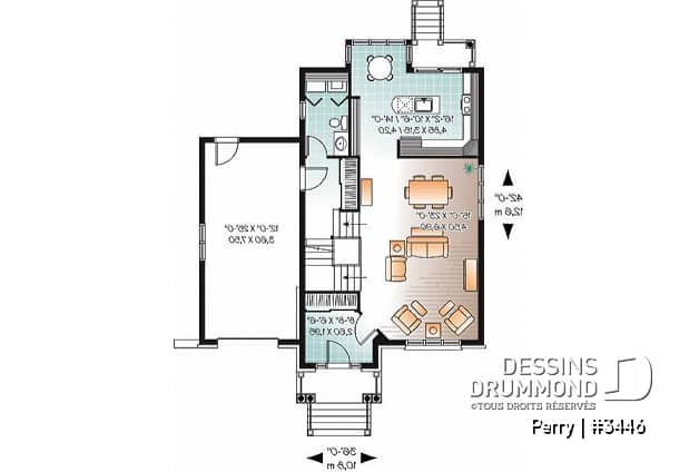 Rez-de-chaussée - Plan de maison style manoir, pour terrain étroit, 3 chambres, garage et coin déjeuner - Perry