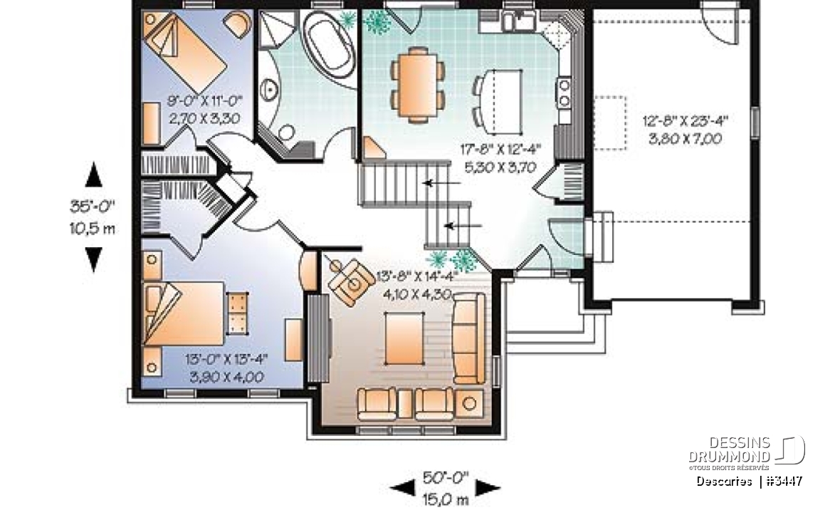 Rez-de-chaussée - Plan de maison à pallier, 2 chambres, grande cuisine avec îlot et garage simple - Descartes 