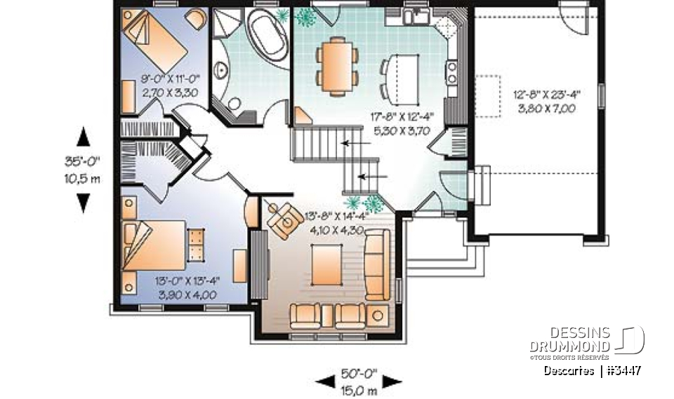 Rez-de-chaussée - Plan de maison à pallier, 2 chambres, grande cuisine avec îlot et garage simple - Descartes 