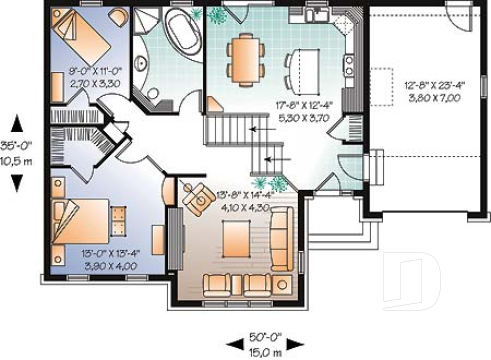 Rez-de-chaussée - Plan de maison à pallier, 2 chambres, grande cuisine avec îlot et garage simple - Descartes 