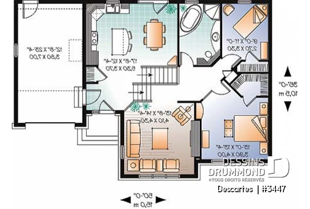 Rez-de-chaussée - Plan de maison à pallier, 2 chambres, grande cuisine avec îlot et garage simple - Descartes 