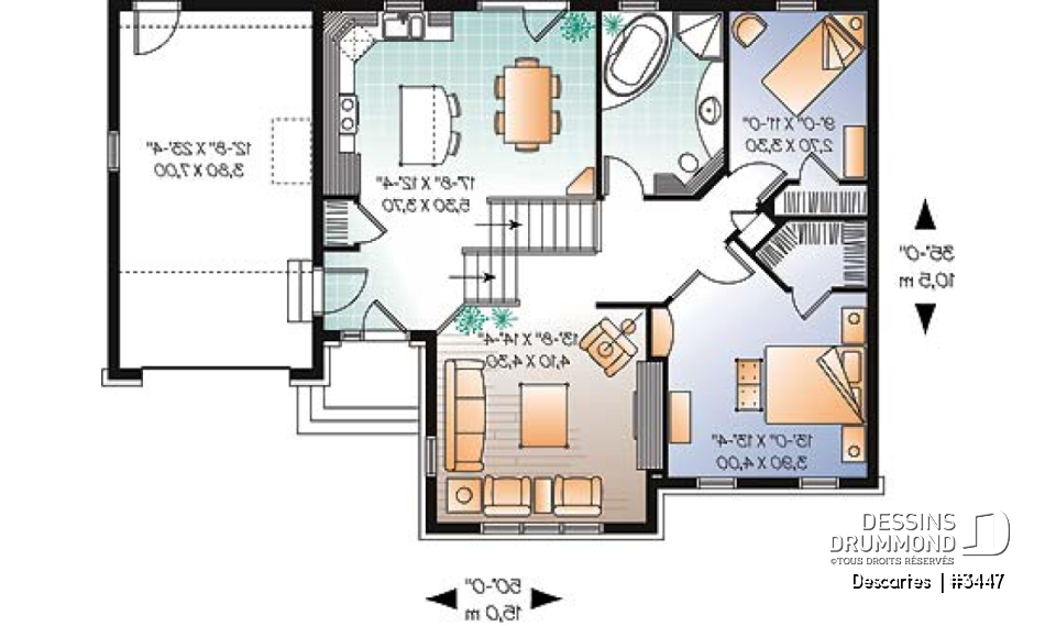 Rez-de-chaussée - Plan de maison à pallier, 2 chambres, grande cuisine avec îlot et garage simple - Descartes 