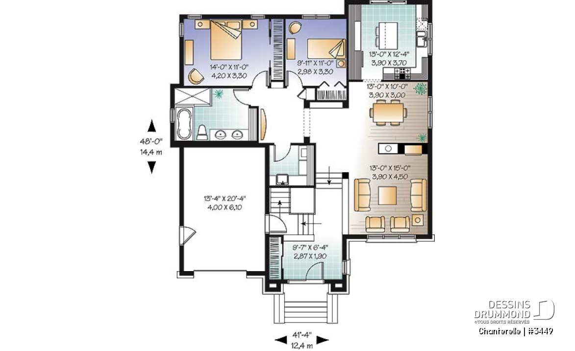 Rez-de-chaussée - Bungalow Européen, 2 chambres, foyer central, garage, vestibule - Chanterelle