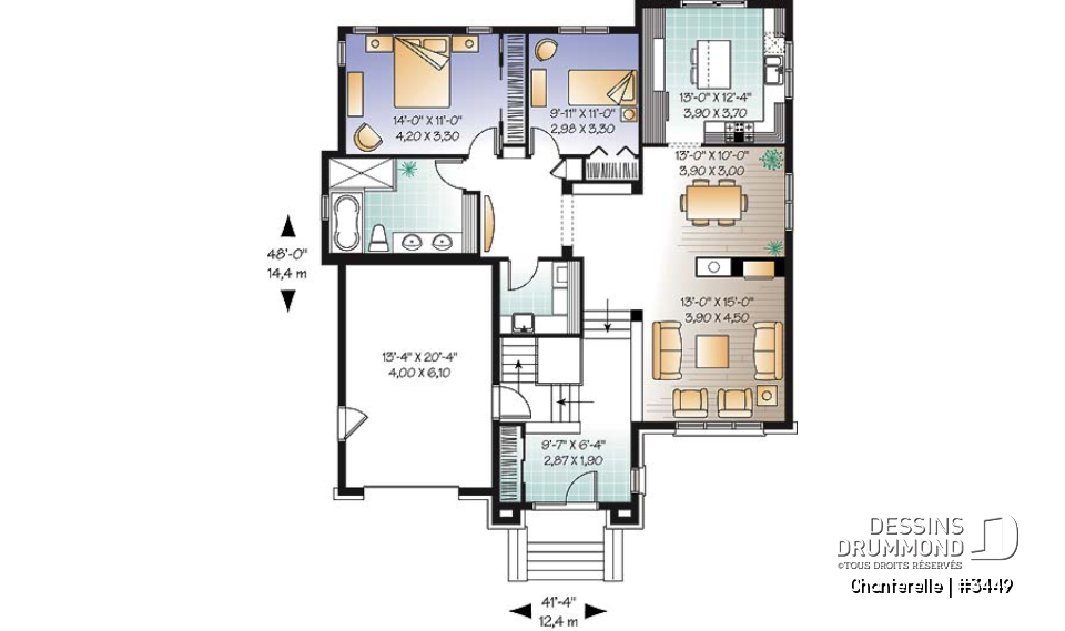 Rez-de-chaussée - Bungalow Européen, 2 chambres, foyer central, garage, vestibule - Chanterelle
