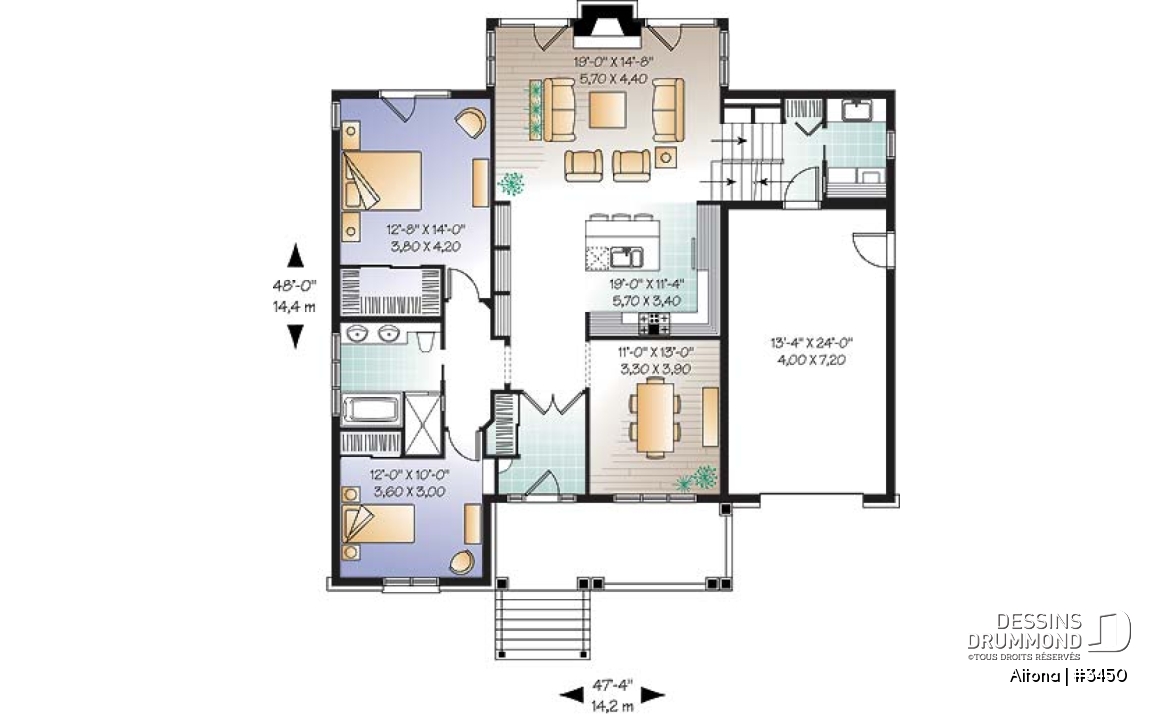 Rez-de-chaussée - Plan de Bungalow confortable, vestibule, foyer, cuisine ouverte sur salon, 2 chambres, garage avec espace boni - Altona
