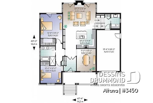 Rez-de-chaussée - Plan de Bungalow confortable, vestibule, foyer, cuisine ouverte sur salon, 2 chambres, garage avec espace boni - Altona