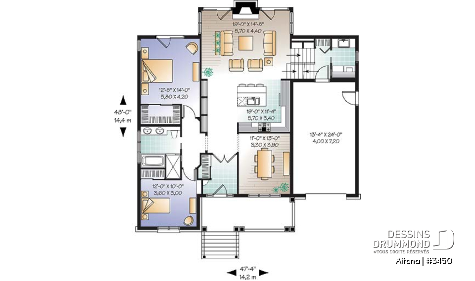 Rez-de-chaussée - Plan de Bungalow confortable, vestibule, foyer, cuisine ouverte sur salon, 2 chambres, garage avec espace boni - Altona