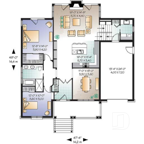 Rez-de-chaussée - Plan de Bungalow confortable, vestibule, foyer, cuisine ouverte sur salon, 2 chambres, garage avec espace boni - Altona
