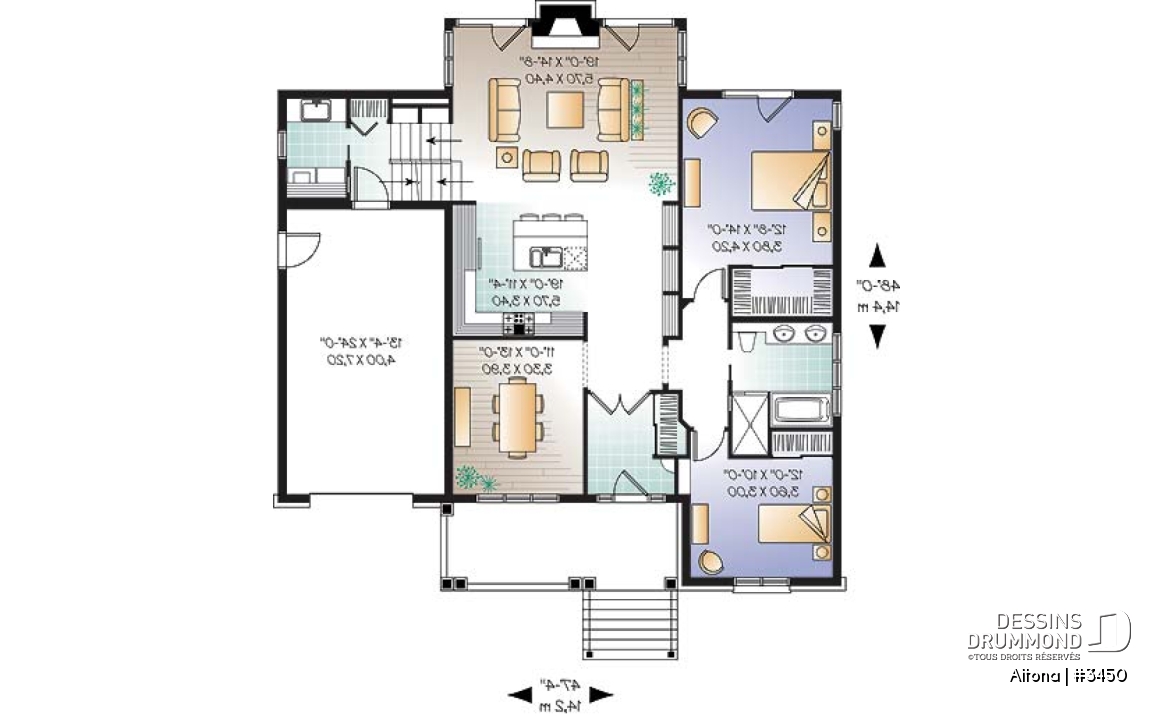 Rez-de-chaussée - Plan de Bungalow confortable, vestibule, foyer, cuisine ouverte sur salon, 2 chambres, garage avec espace boni - Altona