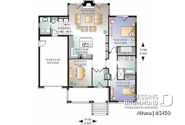 Rez-de-chaussée - Plan de Bungalow confortable, vestibule, foyer, cuisine ouverte sur salon, 2 chambres, garage avec espace boni - Altona