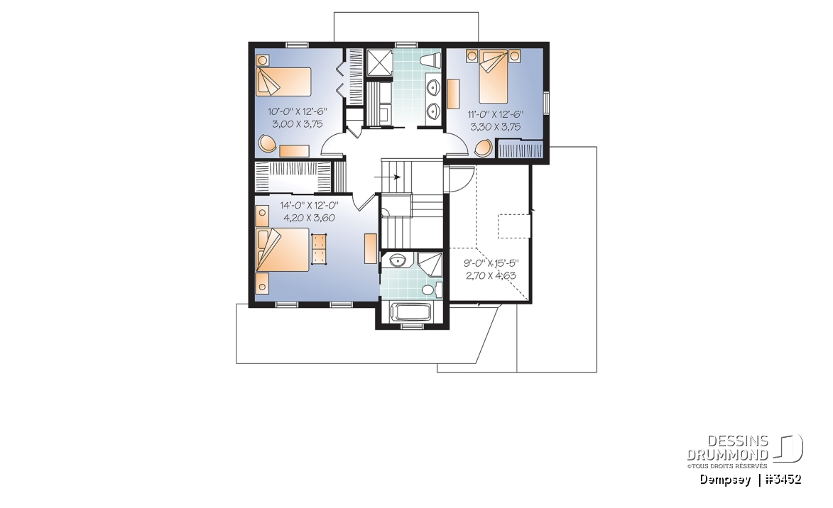 Étage - Plan de maison à étage 3 chambres, garage, bureau, suite des parents et buanderie à l'étage - Dempsey 