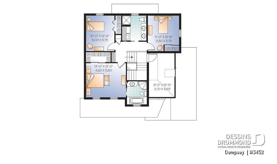 Étage - Plan de maison à étage 3 chambres, garage, bureau, suite des parents et buanderie à l'étage - Dempsey 