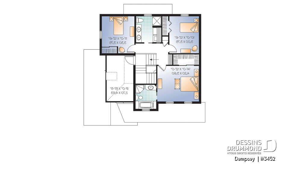 Étage - Plan de maison à étage 3 chambres, garage, bureau, suite des parents et buanderie à l'étage - Dempsey 