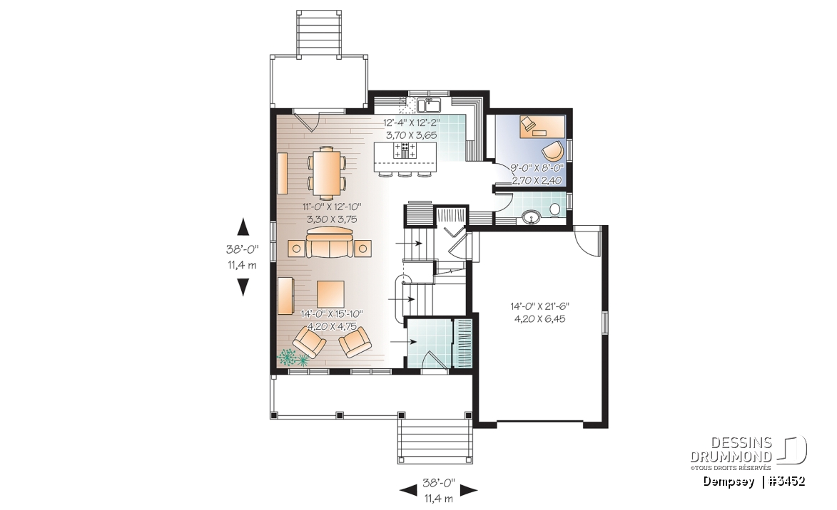 Rez-de-chaussée - Plan de maison à étage 3 chambres, garage, bureau, suite des parents et buanderie à l'étage - Dempsey 