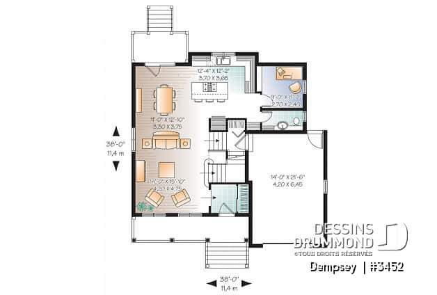 Rez-de-chaussée - Plan de maison à étage 3 chambres, garage, bureau, suite des parents et buanderie à l'étage - Dempsey 