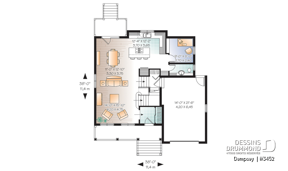 Rez-de-chaussée - Plan de maison à étage 3 chambres, garage, bureau, suite des parents et buanderie à l'étage - Dempsey 