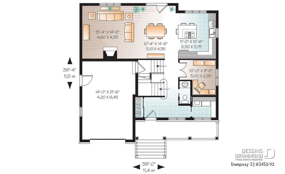 Rez-de-chaussée - 2 étages, plan de maison champêtre avec pierres, cuisine / séjour à aire ouverte, 3 grandes chambres, garage - Dempsey 3