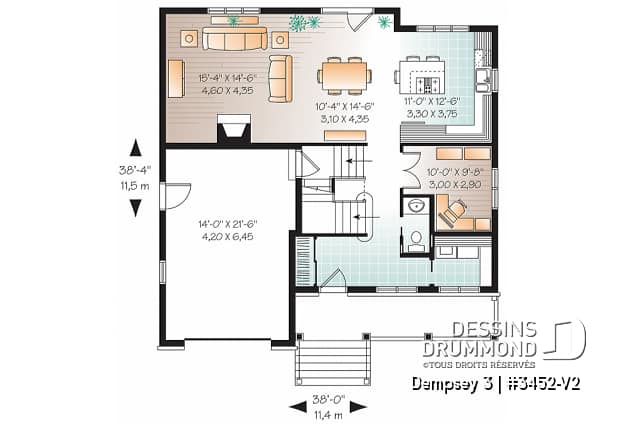 Rez-de-chaussée - 2 étages, plan de maison champêtre avec pierres, cuisine / séjour à aire ouverte, 3 grandes chambres, garage - Dempsey 3