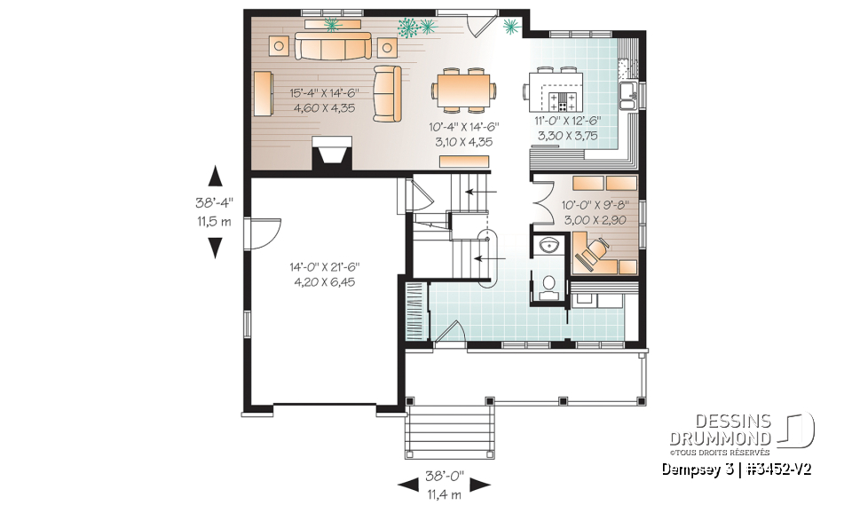 Rez-de-chaussée - 2 étages, plan de maison champêtre avec pierres, cuisine / séjour à aire ouverte, 3 grandes chambres, garage - Dempsey 3