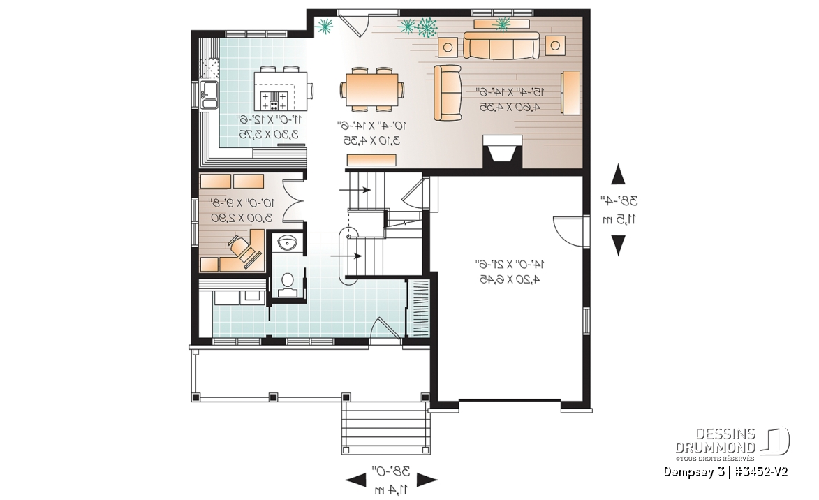 Rez-de-chaussée - 2 étages, plan de maison champêtre avec pierres, cuisine / séjour à aire ouverte, 3 grandes chambres, garage - Dempsey 3