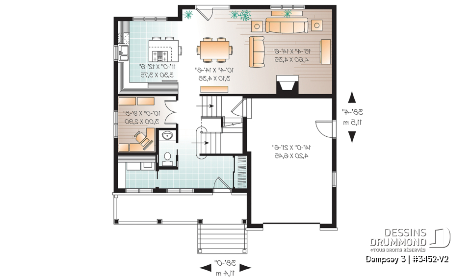 Rez-de-chaussée - 2 étages, plan de maison champêtre avec pierres, cuisine / séjour à aire ouverte, 3 grandes chambres, garage - Dempsey 3