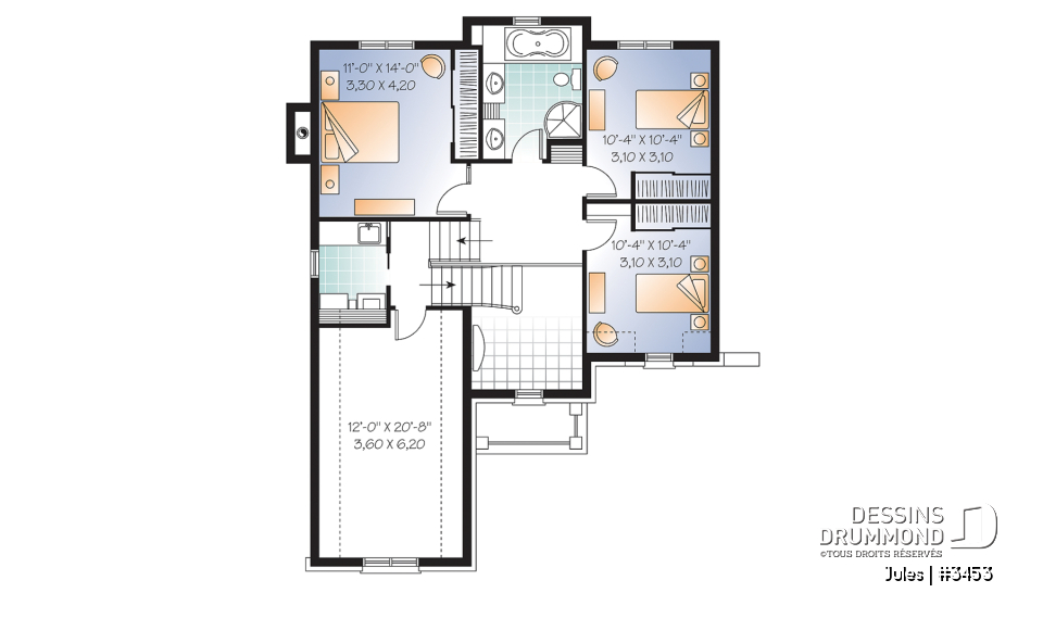 Étage - Cottage pour terrain étroit, bureau, 3 chambres, garage, espace boni - Jules