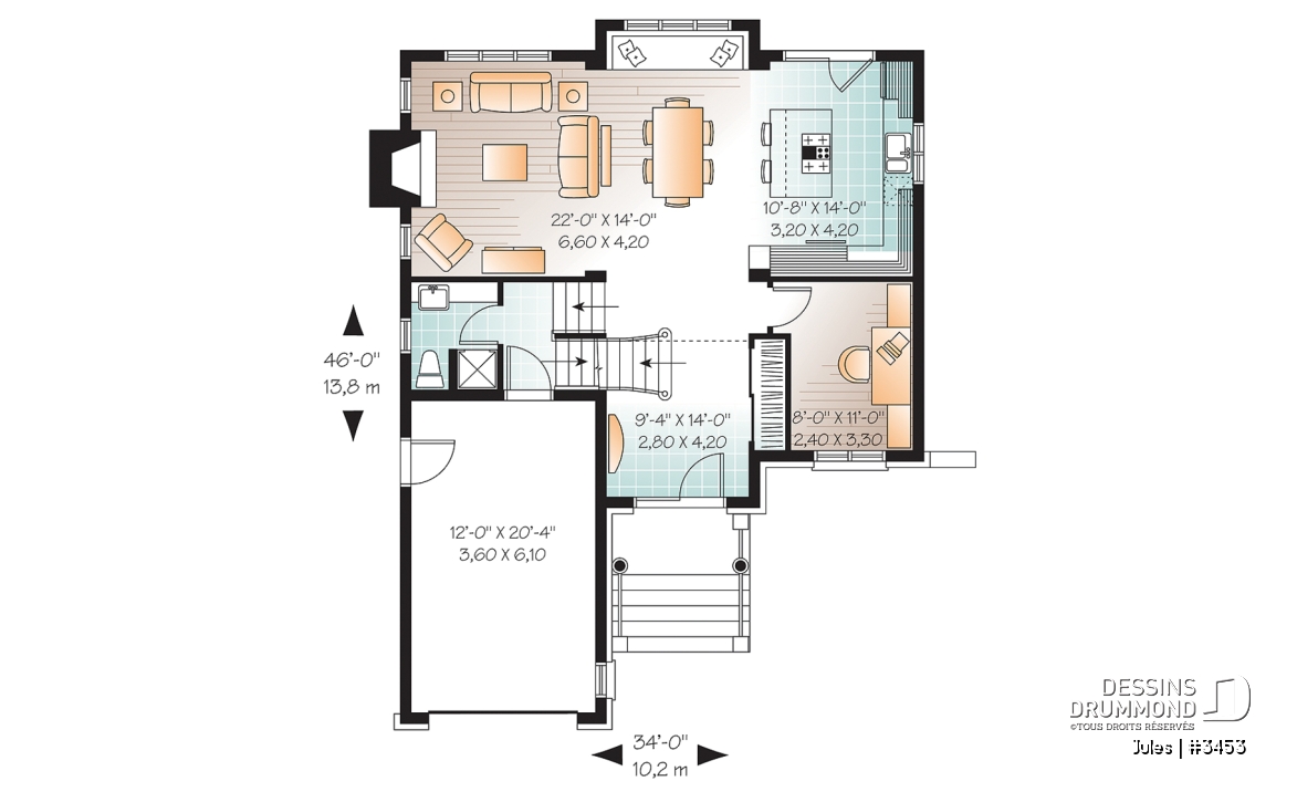 Rez-de-chaussée - Cottage pour terrain étroit, bureau, 3 chambres, garage, espace boni - Jules