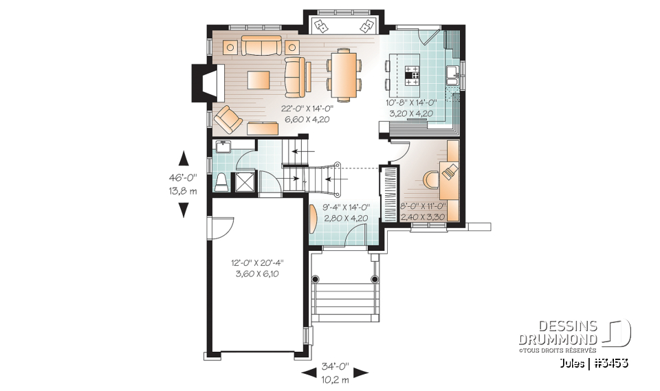 Rez-de-chaussée - Cottage pour terrain étroit, bureau, 3 chambres, garage, espace boni - Jules