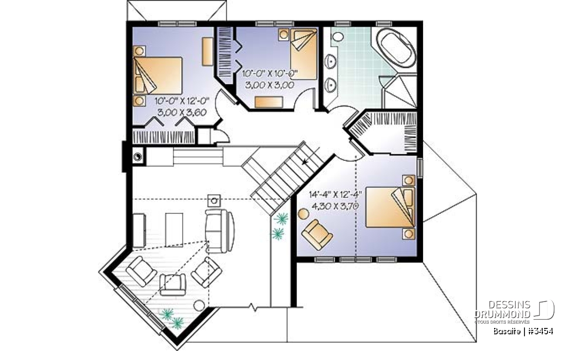 Étage - Plan de maison garage double, lumière naturelle, mezzanine, grande cuisine, foyer, 3 chambres - Basalte