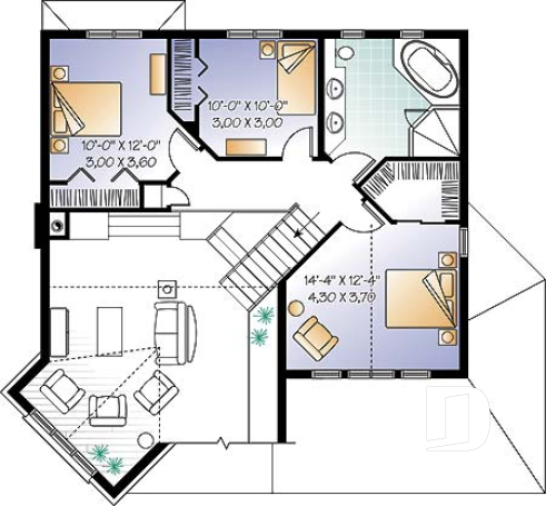 Étage - Plan de maison garage double, lumière naturelle, mezzanine, grande cuisine, foyer, 3 chambres - Basalte