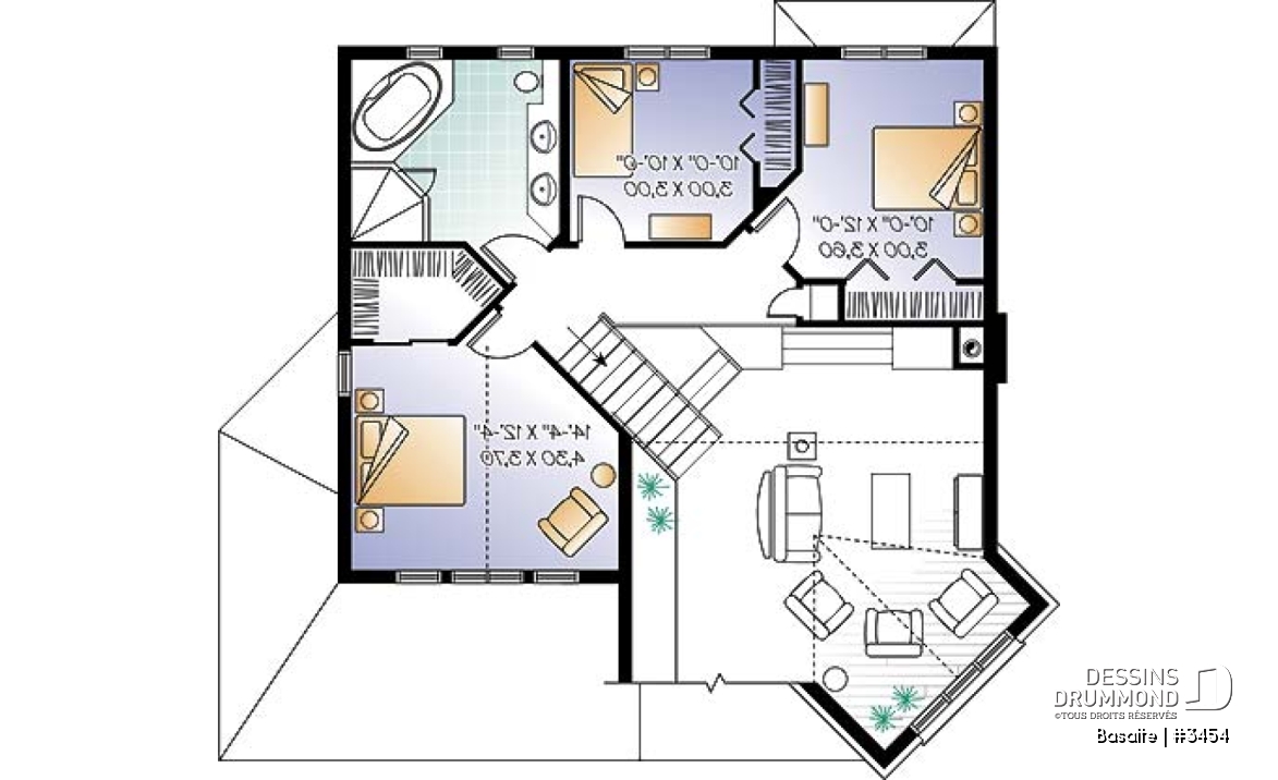 Étage - Plan de maison garage double, lumière naturelle, mezzanine, grande cuisine, foyer, 3 chambres - Basalte