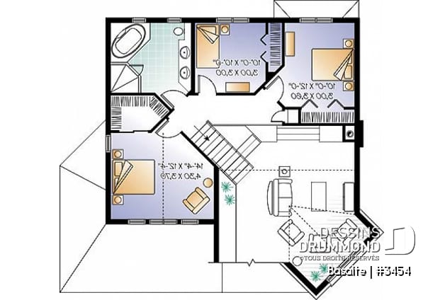 Étage - Plan de maison garage double, lumière naturelle, mezzanine, grande cuisine, foyer, 3 chambres - Basalte