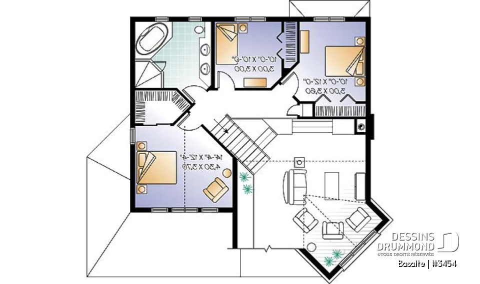 Étage - Plan de maison garage double, lumière naturelle, mezzanine, grande cuisine, foyer, 3 chambres - Basalte