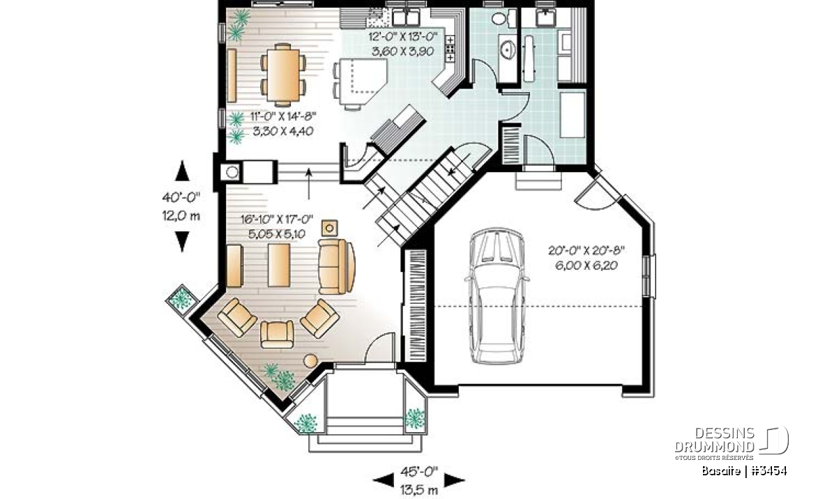 Rez-de-chaussée - Plan de maison garage double, lumière naturelle, mezzanine, grande cuisine, foyer, 3 chambres - Basalte