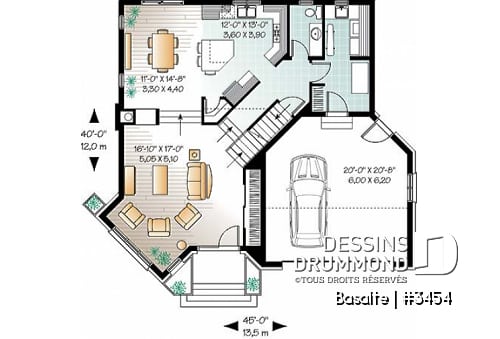 Rez-de-chaussée - Plan de maison garage double, lumière naturelle, mezzanine, grande cuisine, foyer, 3 chambres - Basalte