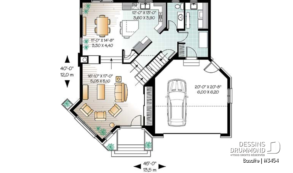 Rez-de-chaussée - Plan de maison garage double, lumière naturelle, mezzanine, grande cuisine, foyer, 3 chambres - Basalte