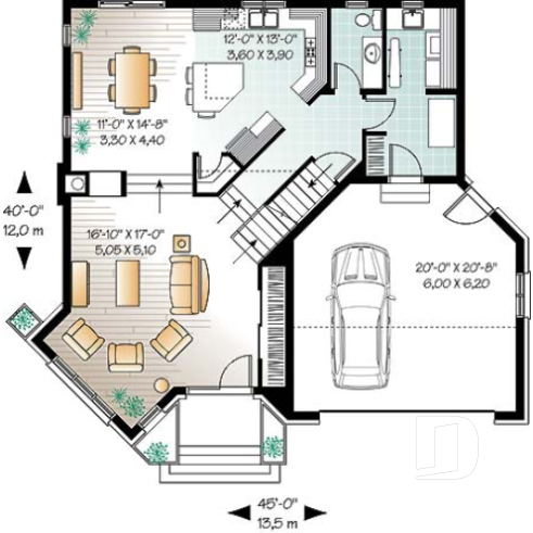 Rez-de-chaussée - Plan de maison garage double, lumière naturelle, mezzanine, grande cuisine, foyer, 3 chambres - Basalte