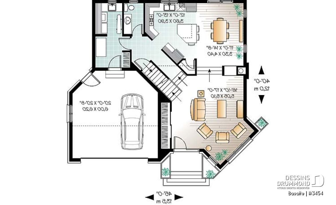 Rez-de-chaussée - Plan de maison garage double, lumière naturelle, mezzanine, grande cuisine, foyer, 3 chambres - Basalte