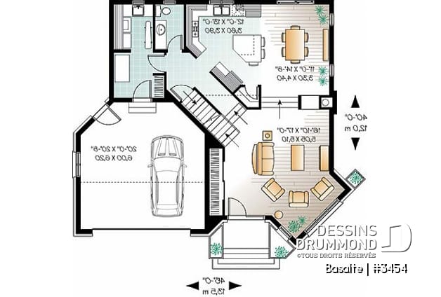 Rez-de-chaussée - Plan de maison garage double, lumière naturelle, mezzanine, grande cuisine, foyer, 3 chambres - Basalte