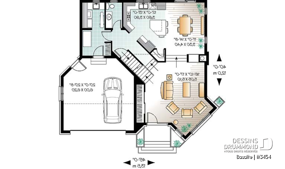 Rez-de-chaussée - Plan de maison garage double, lumière naturelle, mezzanine, grande cuisine, foyer, 3 chambres - Basalte