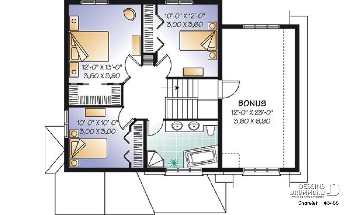 Étage - Plan de maison de style classique, 3 à 4 chambres, grande entrée, garage avec espace boni - Chatelet 