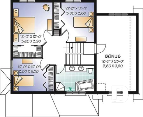 Étage - Plan de maison de style classique, 3 à 4 chambres, grande entrée, garage avec espace boni - Chatelet 