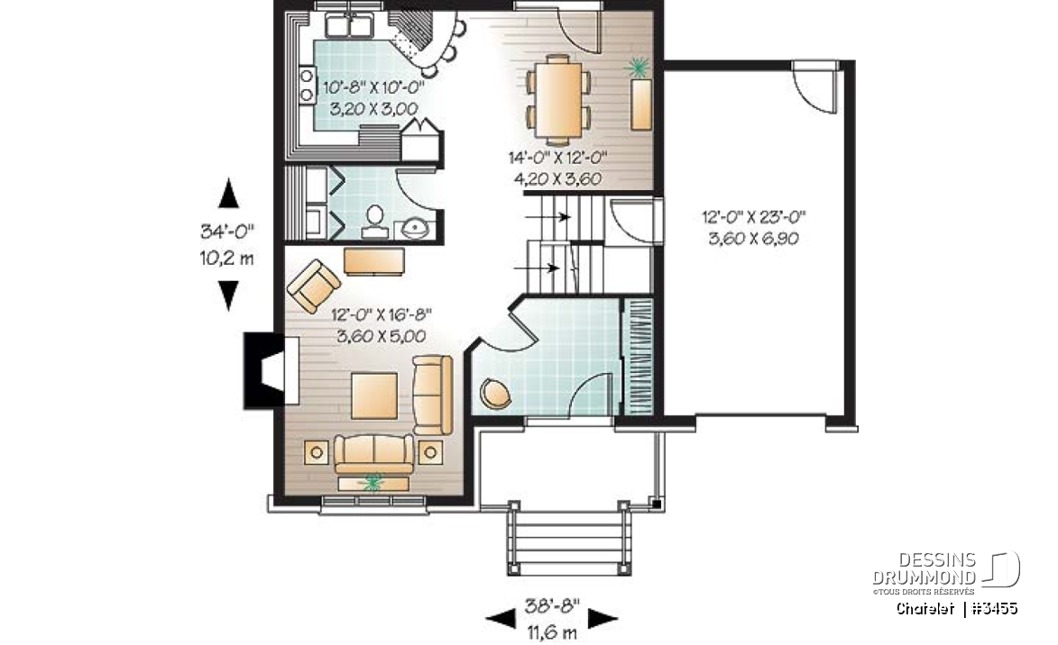 Rez-de-chaussée - Plan de maison de style classique, 3 à 4 chambres, grande entrée, garage avec espace boni - Chatelet 