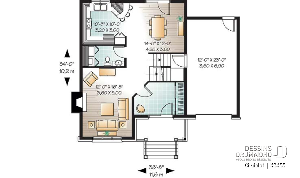 Rez-de-chaussée - Plan de maison de style classique, 3 à 4 chambres, grande entrée, garage avec espace boni - Chatelet 