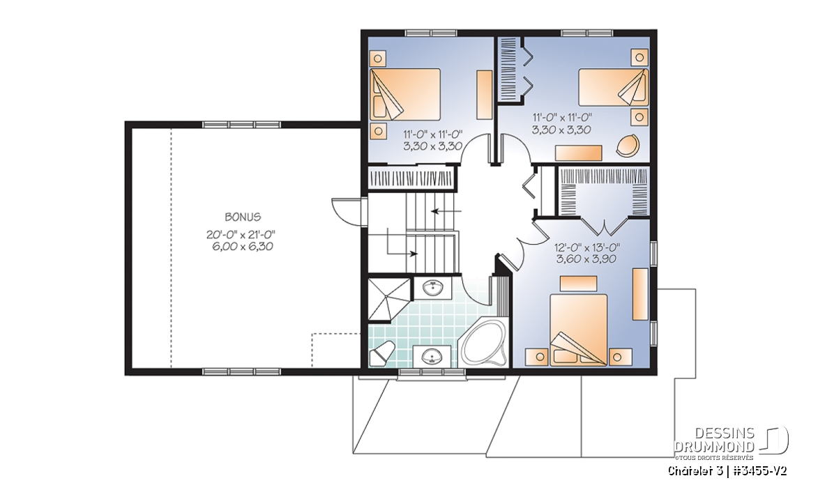 Étage - Plan de maison champêtre avec pierre, garage, espace boni, salle de séjour avec foyer, buanderie au rdc - Châtelet 3