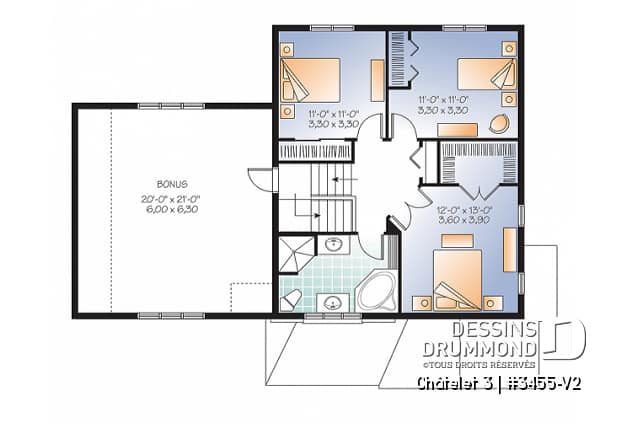 Étage - Plan de maison champêtre avec pierre, garage, espace boni, salle de séjour avec foyer, buanderie au rdc - Châtelet 3